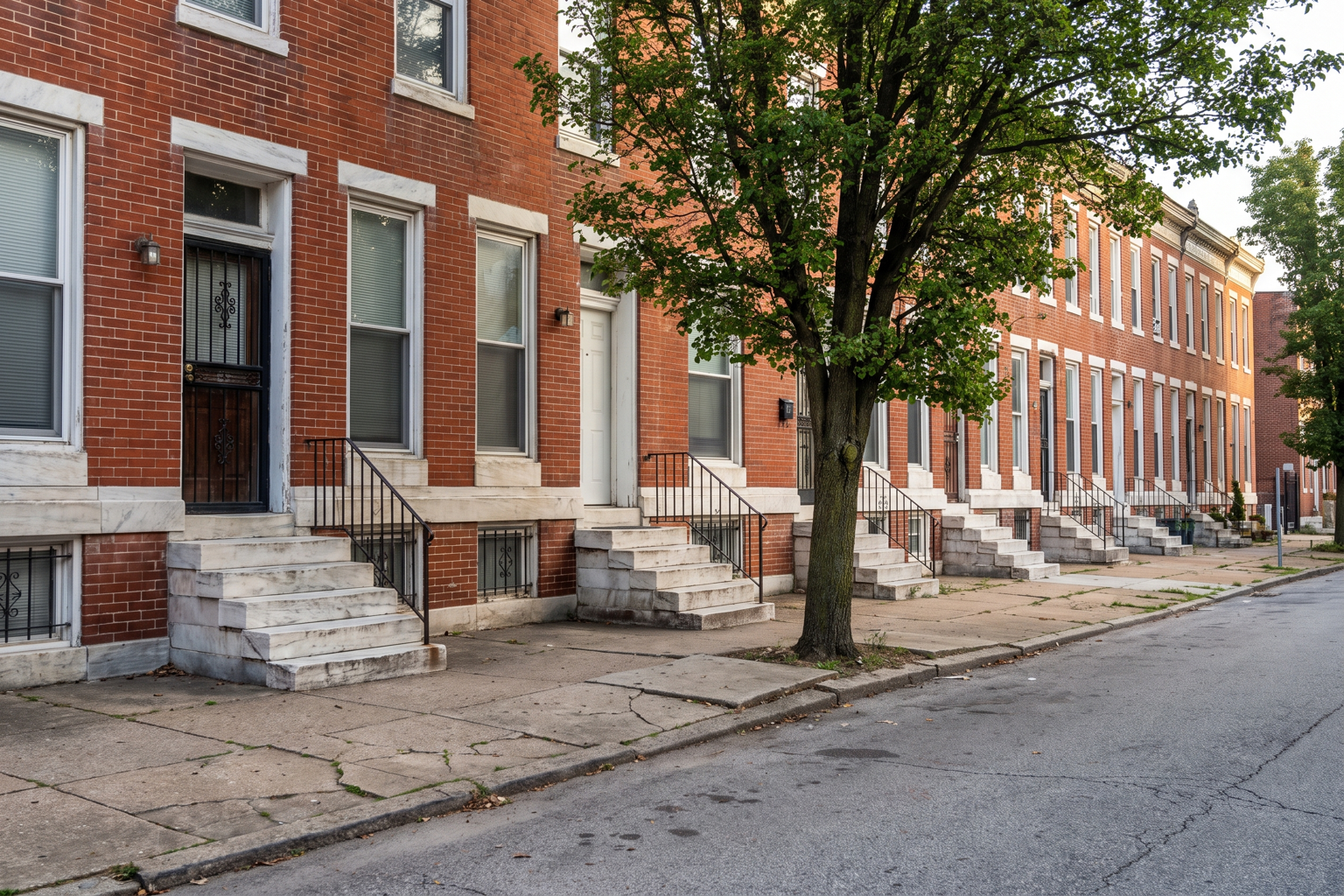 Brick rowhouses on a Baltimore street